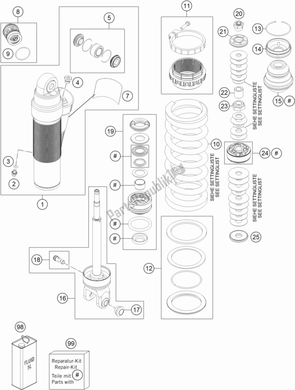 All parts for the Shock Absorber Disassembled of the KTM 250 EXC 2017