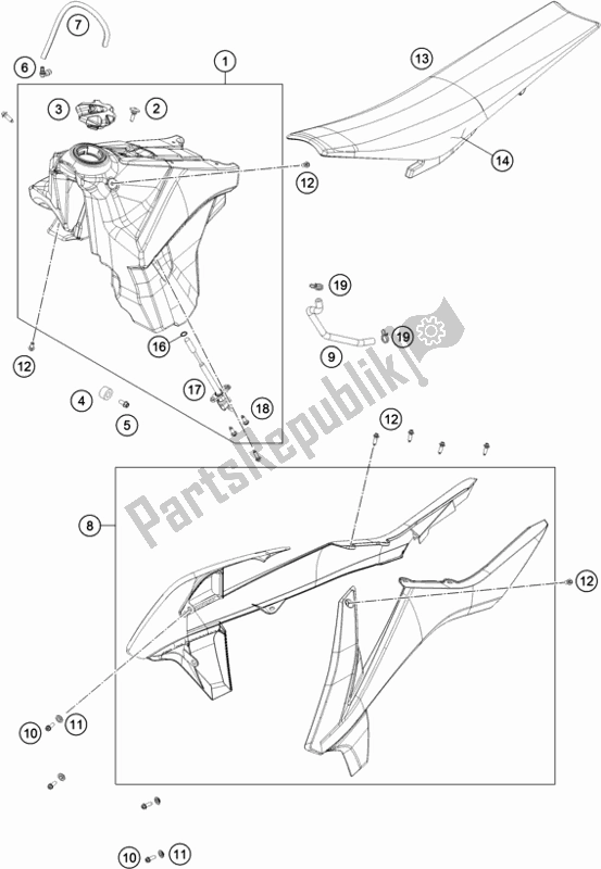 Todas as partes de Tanque, Assento do KTM 250 EXC 2018