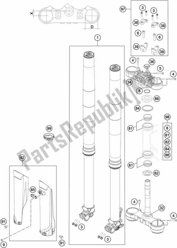 Todas as partes de Garfo Dianteiro, Braçadeira Tripla do KTM 250 Exc-f 2019