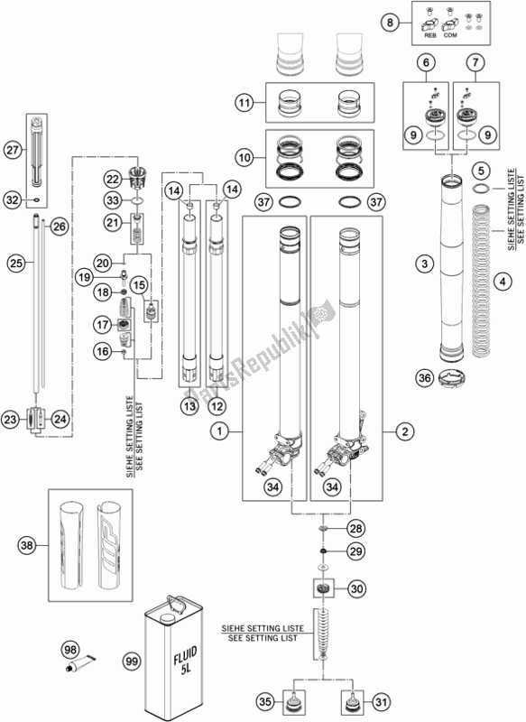 Toutes les pièces pour le Fourche Avant Démontée du KTM 250 Exc-f CKD BR 2020