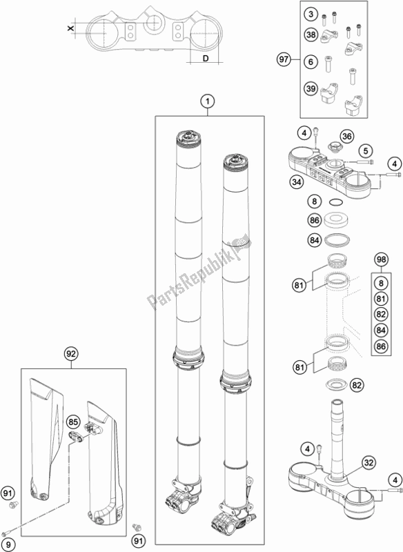 All parts for the Front Fork, Triple Clamp of the KTM 250 Exc-f CKD BR 2020