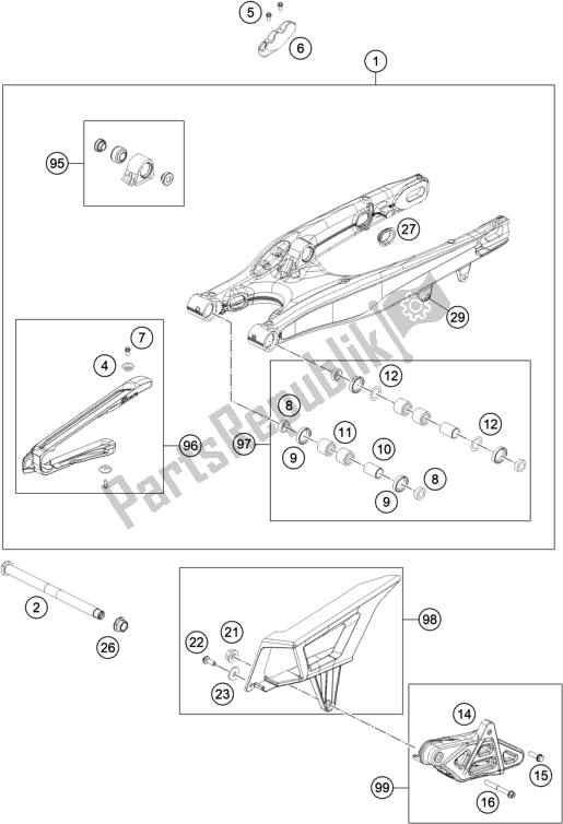All parts for the Swing Arm of the KTM 250 Exc-f CKD BR 2020