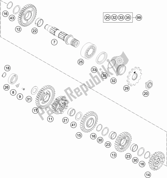 Toutes les pièces pour le Transmission Ii - Arbre Intermédiaire du KTM 250 Exc-f EU 2018