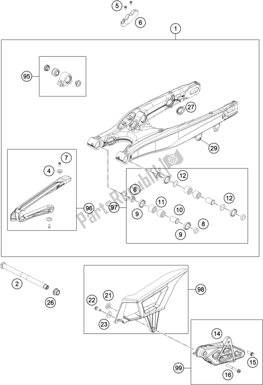 All parts for the Swing Arm of the KTM 250 Exc-f EU 2021