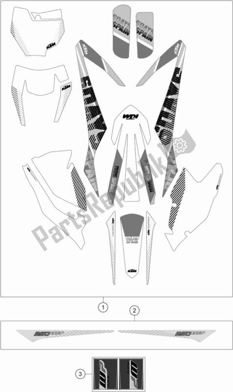 All parts for the Decal of the KTM 250 Exc-f SIX Days EU 2017