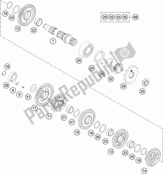 Toutes les pièces pour le Transmission Ii - Arbre Intermédiaire du KTM 250 Exc-f SIX Days EU 2017