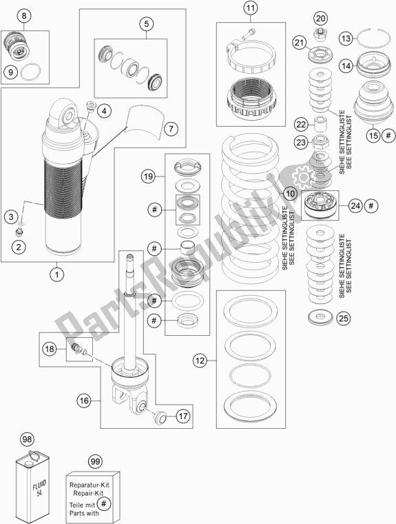 All parts for the Shock Absorber Disassembled of the KTM 250 Exc-f SIX Days EU 2018