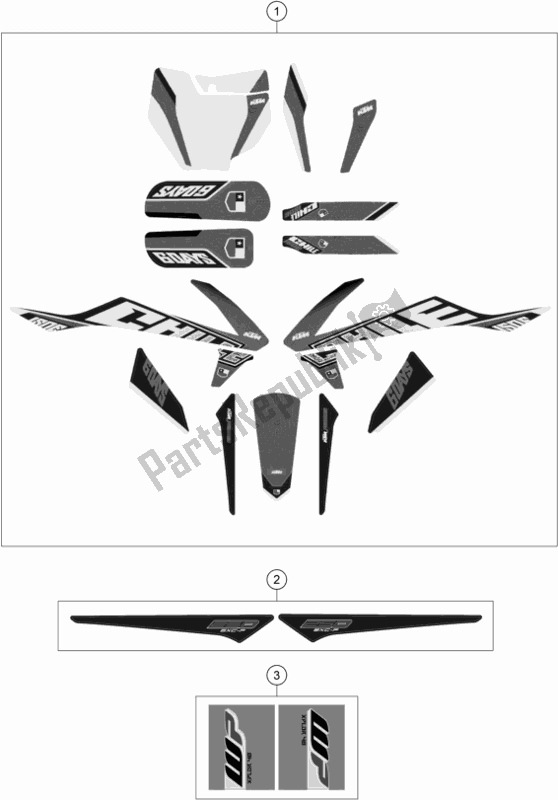 All parts for the Decal of the KTM 250 Exc-f SIX Days EU 2019