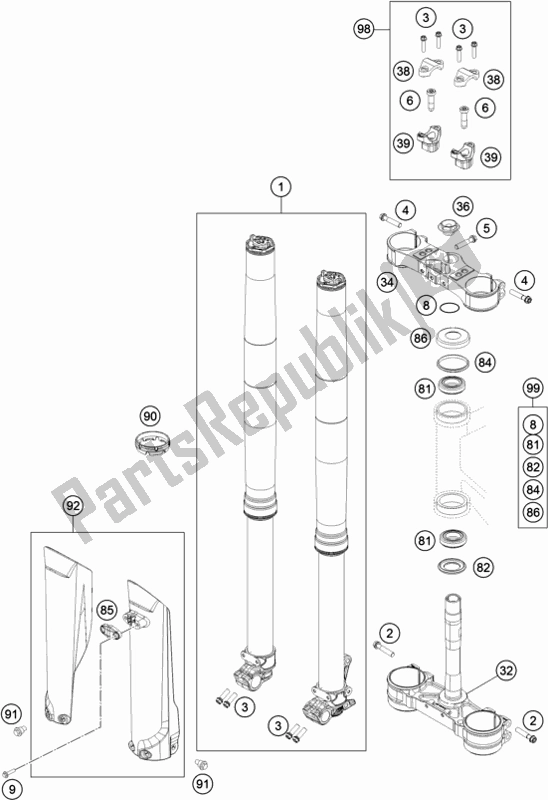 All parts for the Front Fork, Triple Clamp of the KTM 250 Exc-f SIX Days EU 2019