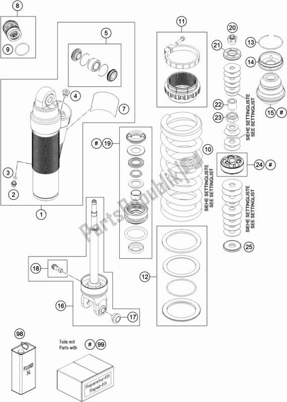 All parts for the Shock Absorber Disassembled of the KTM 250 Exc-f SIX Days EU 2019