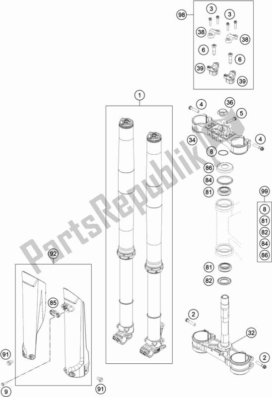 All parts for the Front Fork, Triple Clamp of the KTM 250 Exc-f SIX Days EU 2020