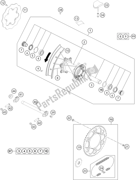 All parts for the Rear Wheel of the KTM 250 Exc-f SIX Days EU 2020