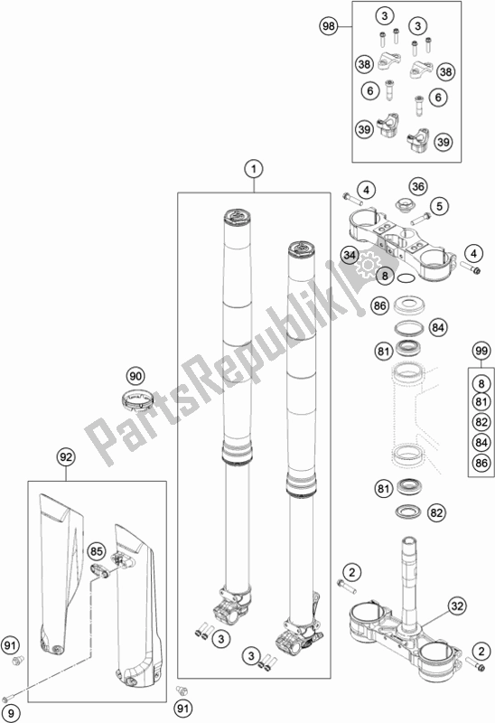 All parts for the Front Fork, Triple Clamp of the KTM 250 EXC Six-days EU 2017