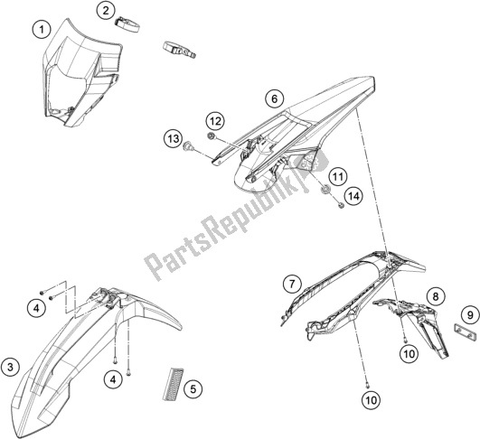 All parts for the Mask, Fenders of the KTM 250 EXC Six-days EU 2017