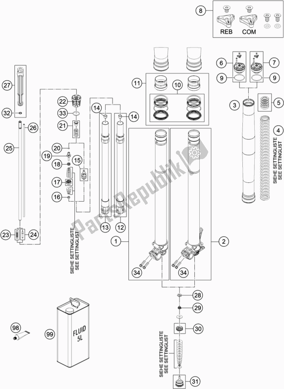 All parts for the Front Fork Disassembled of the KTM 250 EXC SIX Days TPI EU 2018
