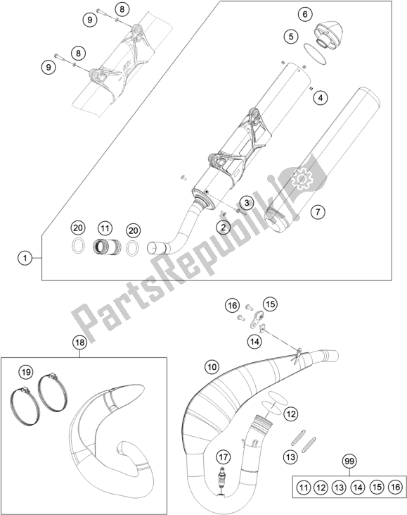 All parts for the Exhaust System of the KTM 250 EXC SIX Days TPI EU 2019