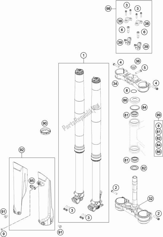 All parts for the Front Fork, Triple Clamp of the KTM 250 EXC SIX Days TPI EU 2019