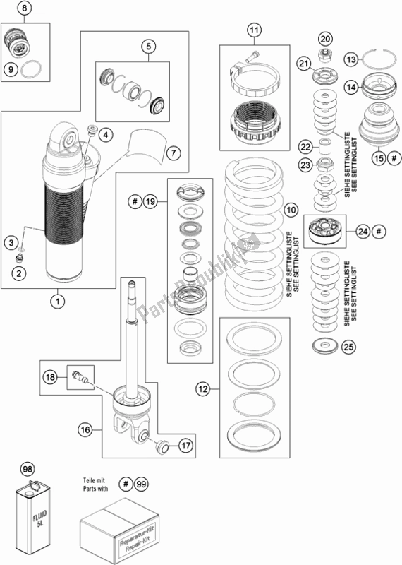 All parts for the Shock Absorber Disassembled of the KTM 250 EXC SIX Days TPI EU 2019