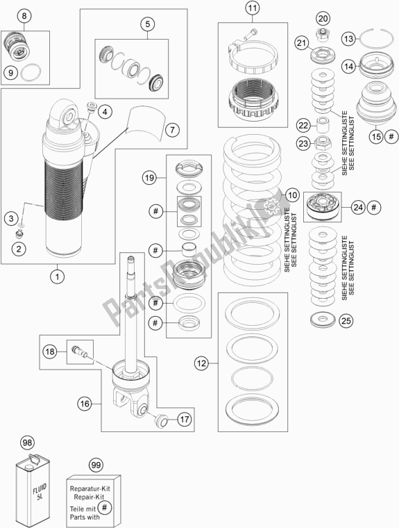 All parts for the Shock Absorber Disassembled of the KTM 250 EXC TPI EU 2018