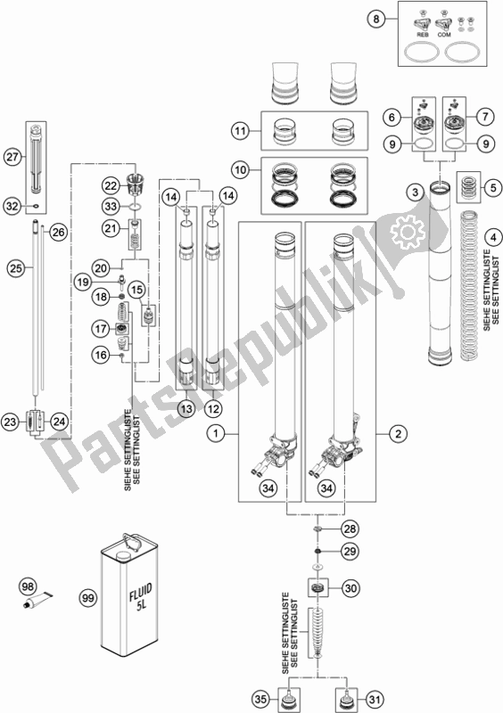 Tutte le parti per il Forcella Anteriore Smontata del KTM 250 EXC TPI EU 2019