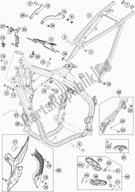All parts for the Frame of the KTM 250 EXC TPI EU 2020
