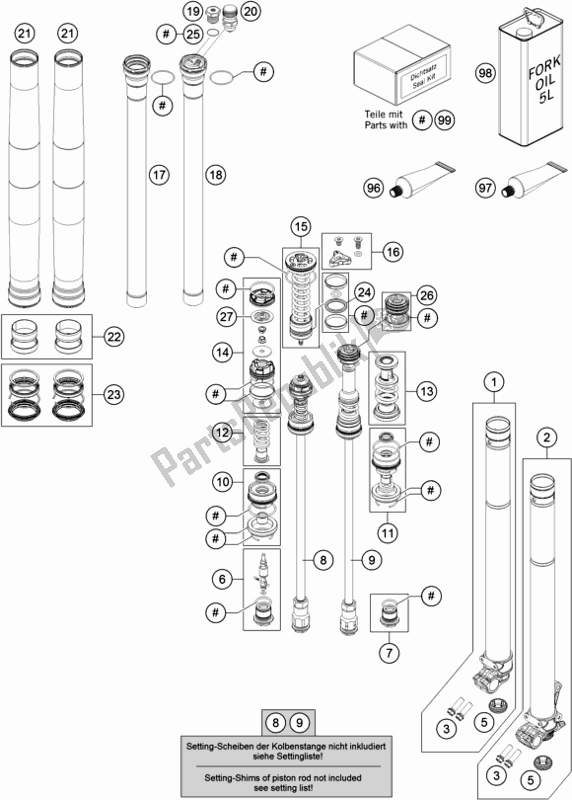 All parts for the Front Fork Disassembled of the KTM 250 SX-F US 2018