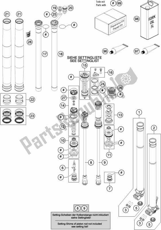 All parts for the Front Fork Disassembled of the KTM 250 SX-F US 2019