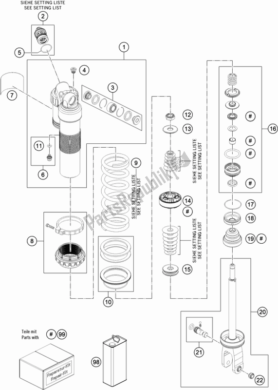 Alle onderdelen voor de Demper Gedemonteerd van de KTM 250 SX-F US 2020