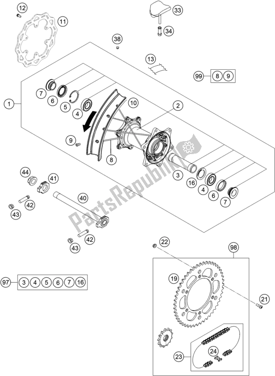 All parts for the Rear Wheel of the KTM 250 SX-F US 2021