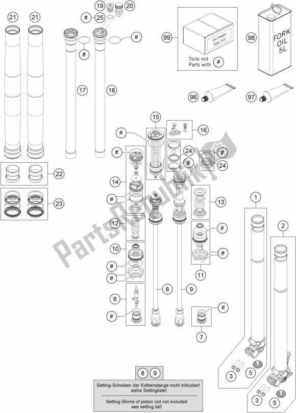 Alle onderdelen voor de Voorvork Gedemonteerd van de KTM 250 SX US 2017
