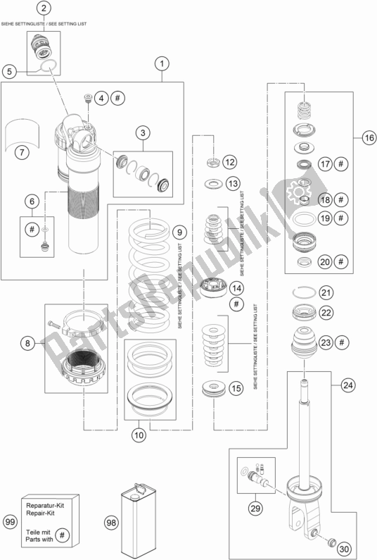 All parts for the Shock Absorber Disassembled of the KTM 250 SX US 2017