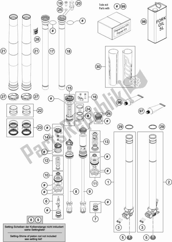 All parts for the Front Fork Disassembled of the KTM 250 SX US 2020