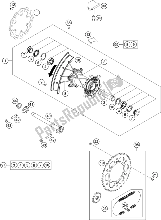 All parts for the Rear Wheel of the KTM 250 SX US 2020