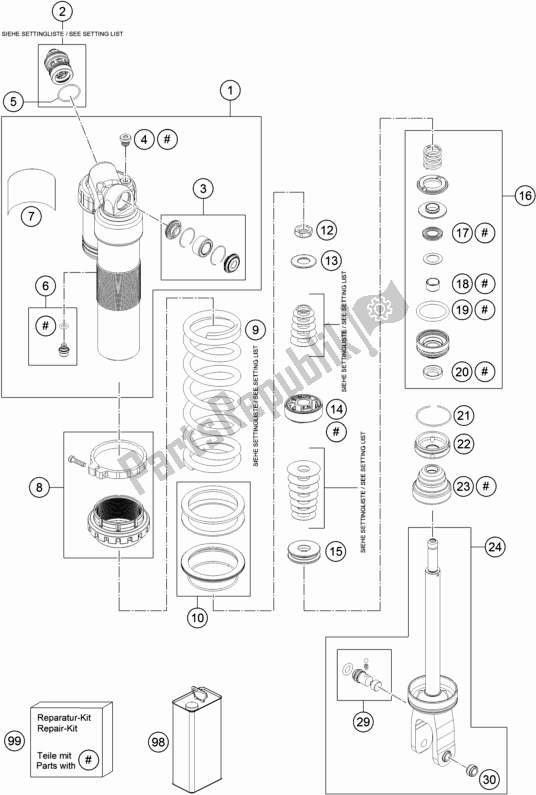 All parts for the Shock Absorber Disassembled of the KTM 250 XC-F US 2018