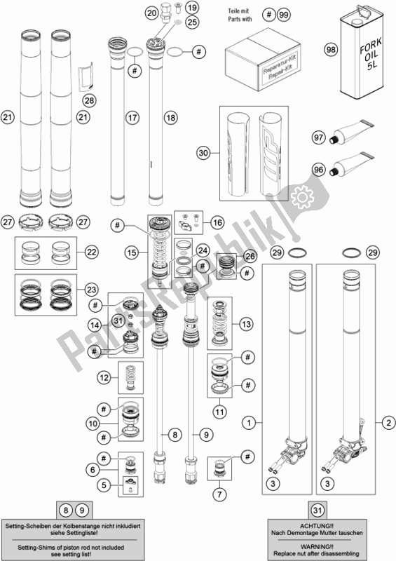Alle onderdelen voor de Voorvork Gedemonteerd van de KTM 250 XC TPI US 2021