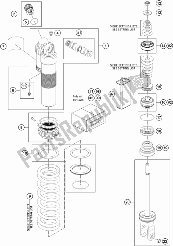 All parts for the Shock Absorber Disassembled of the KTM 250 XC TPI US 2021