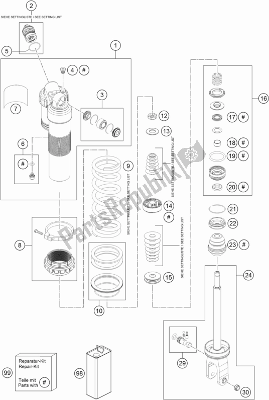 All parts for the Shock Absorber Disassembled of the KTM 250 XC US 2017