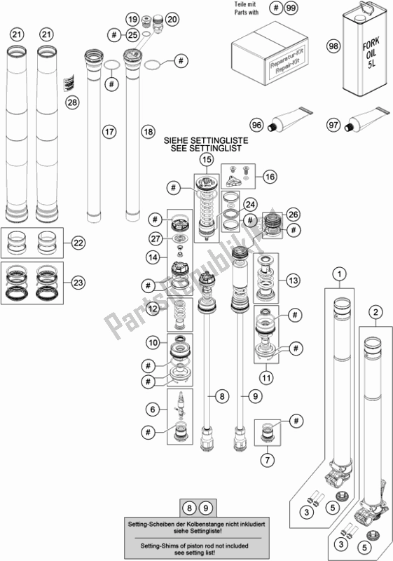 Toutes les pièces pour le Fourche Avant Démontée du KTM 250 XC US 2019