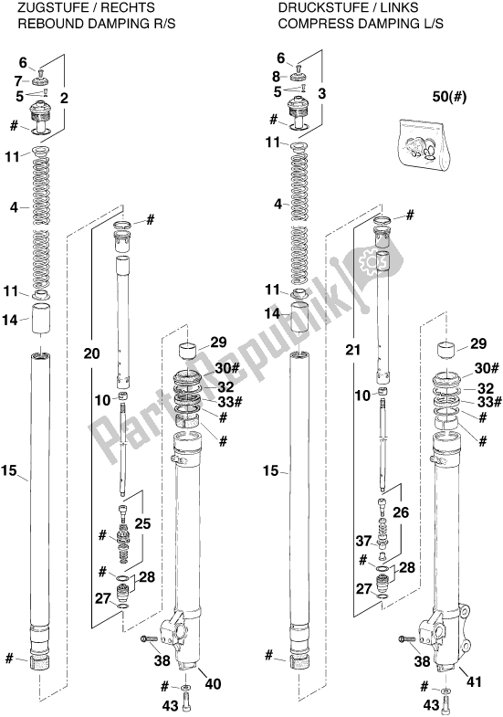 All parts for the Front Fork Disassembled of the KTM 300 EGS M/O 12 KW 13 LT 2020