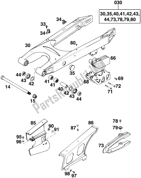 All parts for the Swing Arm of the KTM 300 EGS M/O 12 KW 13 LT 2020