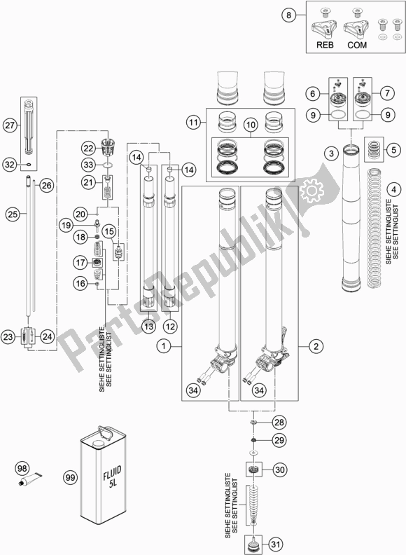 All parts for the Front Fork Disassembled of the KTM 300 EXC 2018