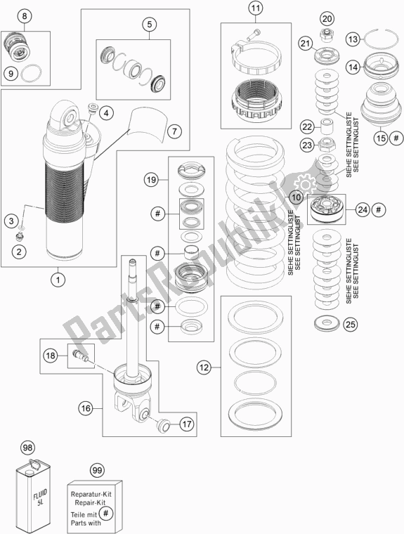 All parts for the Shock Absorber Disassembled of the KTM 300 EXC 2018