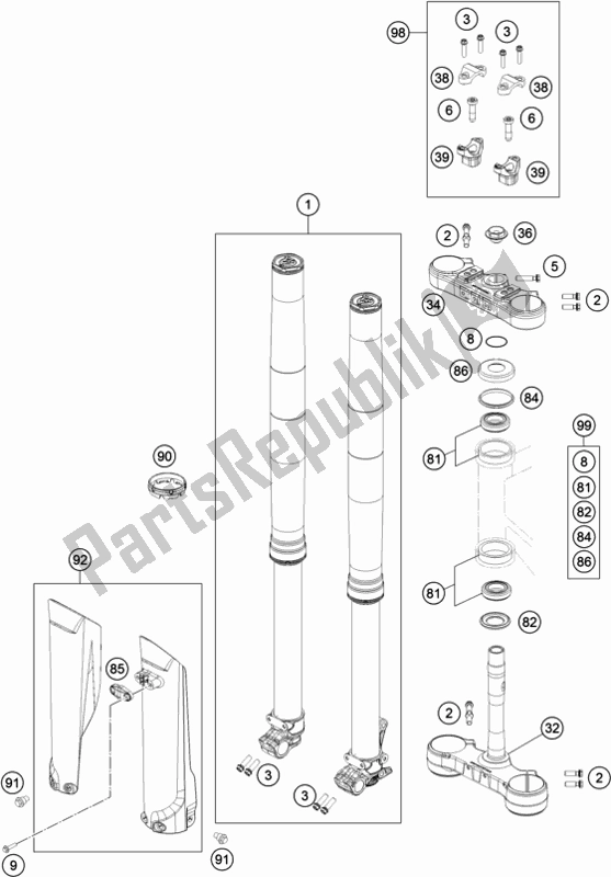 All parts for the Front Fork, Triple Clamp of the KTM 300 EXC CKD BR 2019