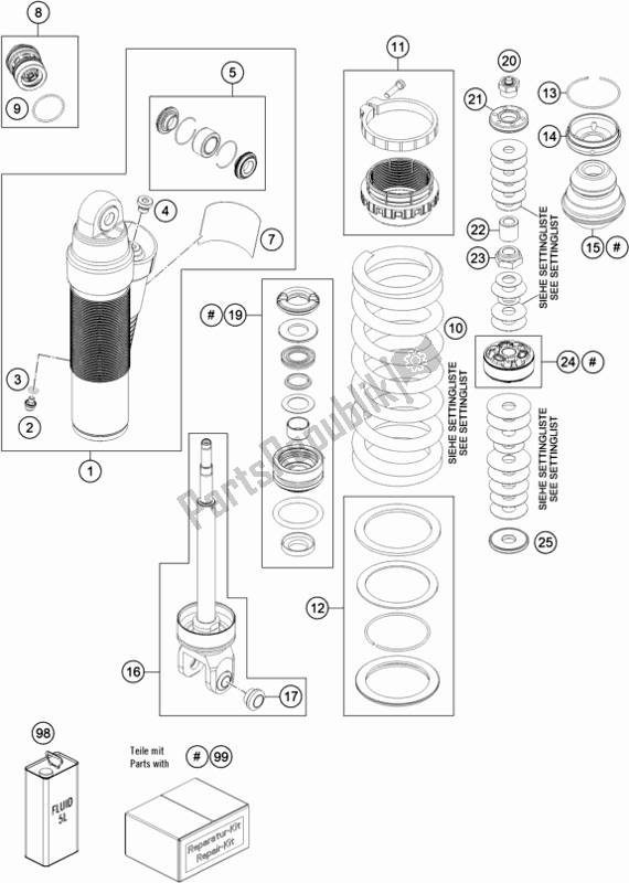 All parts for the Shock Absorber Disassembled of the KTM 300 EXC CKD BR 2019