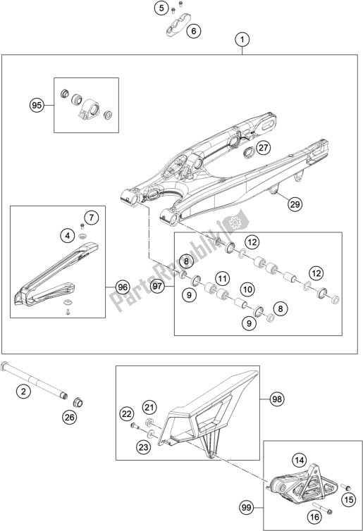 All parts for the Swing Arm of the KTM 300 EXC CKD BR 2019