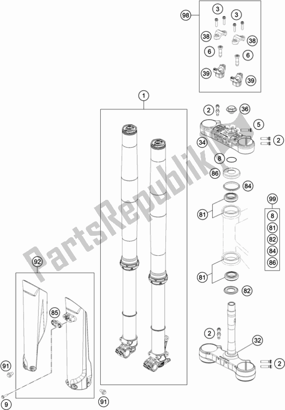 All parts for the Front Fork, Triple Clamp of the KTM 300 EXC CKD BR 2020