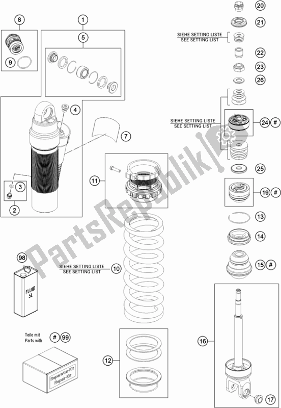 Todas las partes para Amortiguador Desmontado de KTM 300 EXC CKD BR 2020