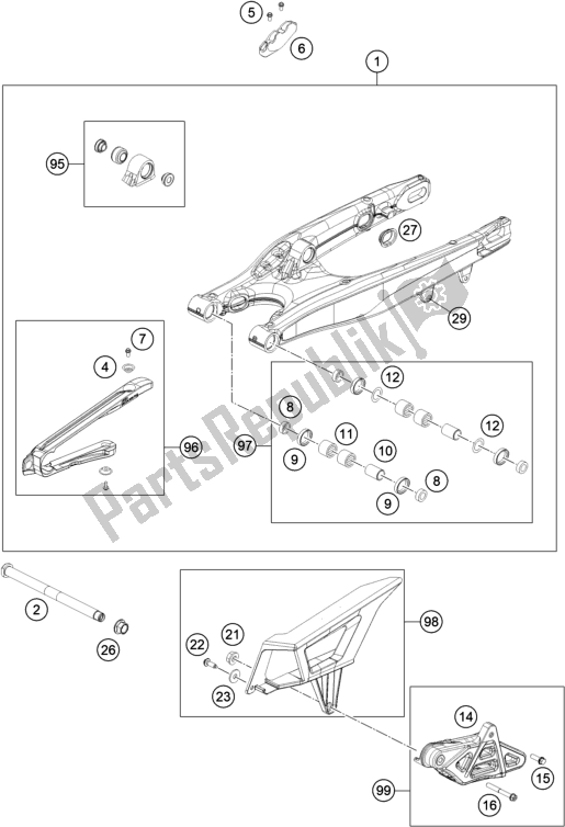 All parts for the Swing Arm of the KTM 300 EXC CKD BR 2020