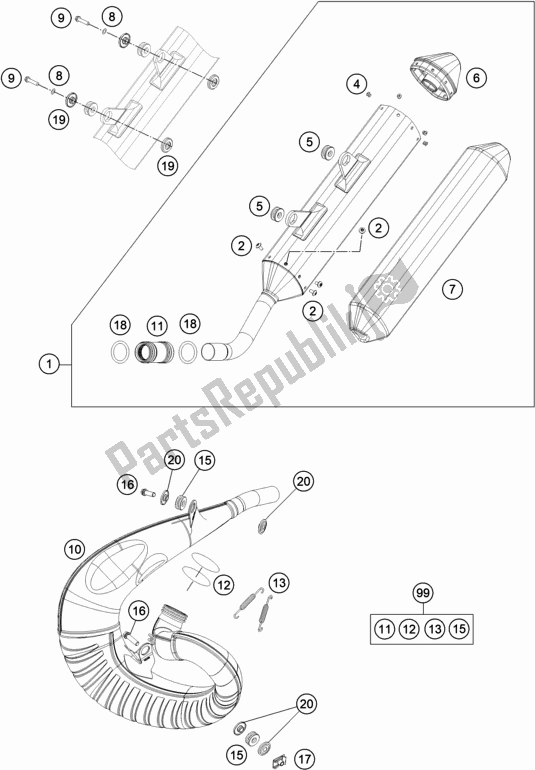 All parts for the Exhaust System of the KTM 300 EXC CKD BR 2021