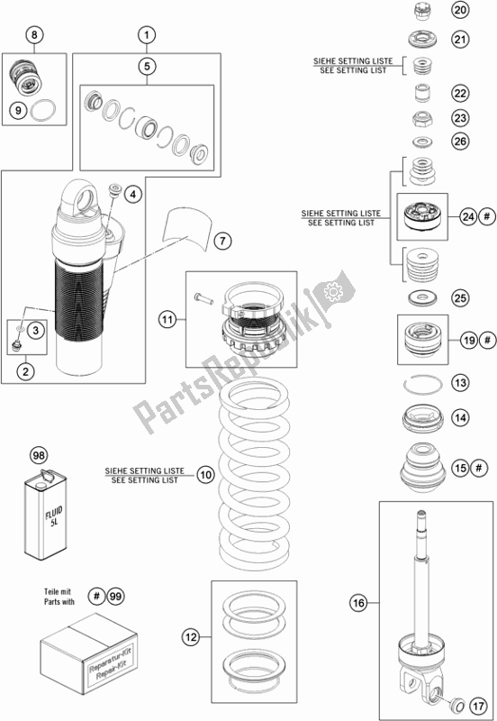 All parts for the Shock Absorber Disassembled of the KTM 300 EXC CKD BR 2021